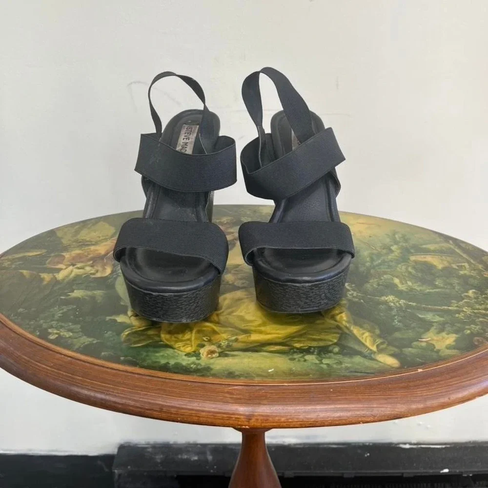 Steve Madden Black Stina Wedge Sandals - Chunky Y2K Platform Slides - Size 8M
